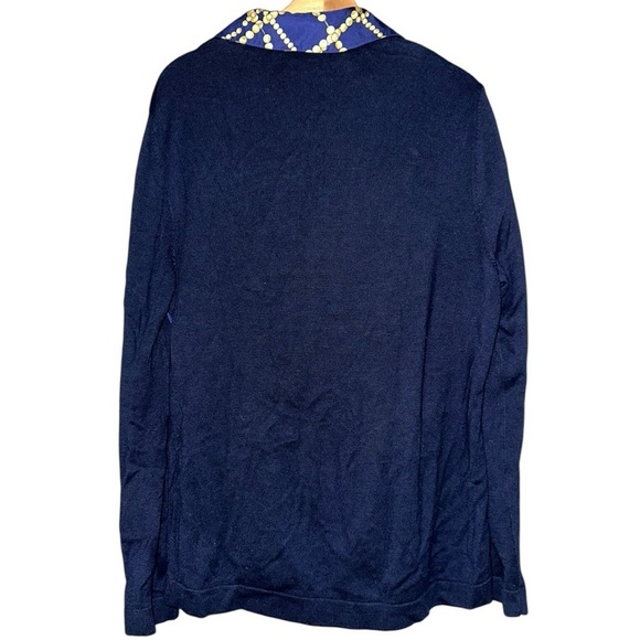 J. McLaughlin Women’s Size L Navy Blue Gold Silk Front Sweater Back Shirt Top - Picture 3 of 8